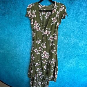 Olive Green Floral V-Neck Women’s Dress